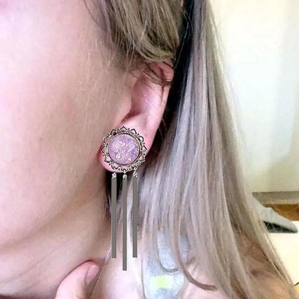 1 Pair Ear Gauges Elegant Pink Gemstone Dangle Ear Plugs Tunnels Hypoallergenic Stainless Steel Piercing Body Jewelry