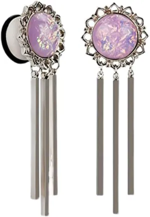 1 Pair Ear Gauges Elegant Pink Gemstone Dangle Ear Plugs Tunnels Hypoallergenic Stainless Steel Piercing Body Jewelry