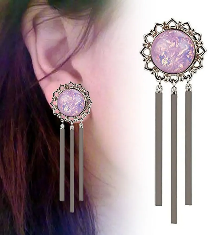 1 Pair Ear Gauges Elegant Pink Gemstone Dangle Ear Plugs Tunnels Hypoallergenic Stainless Steel Piercing Body Jewelry