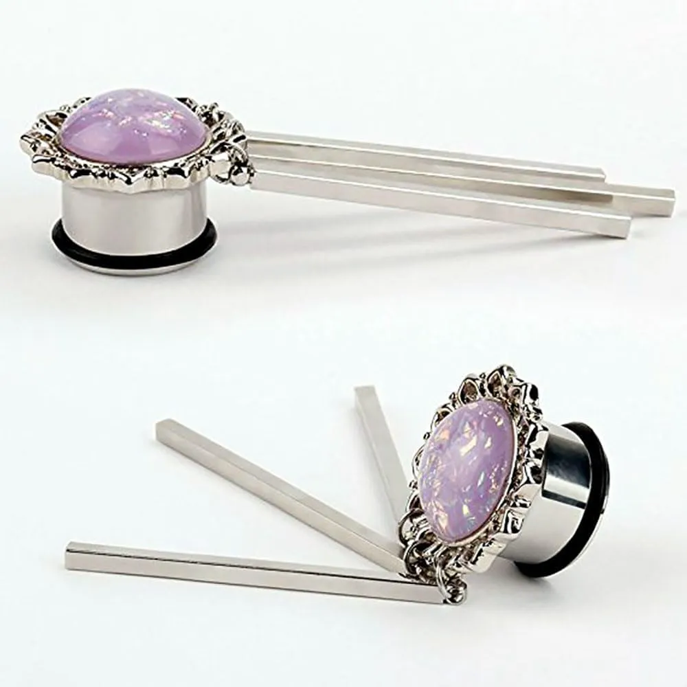 1 Pair Ear Gauges Elegant Pink Gemstone Dangle Ear Plugs Tunnels Hypoallergenic Stainless Steel Piercing Body Jewelry