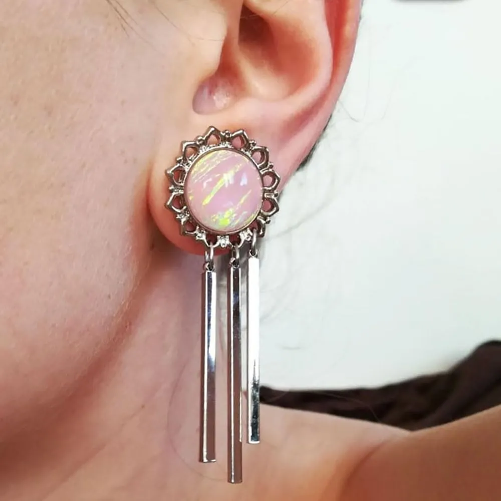 1 Pair Ear Gauges Elegant Pink Gemstone Dangle Ear Plugs Tunnels Hypoallergenic Stainless Steel Piercing Body Jewelry