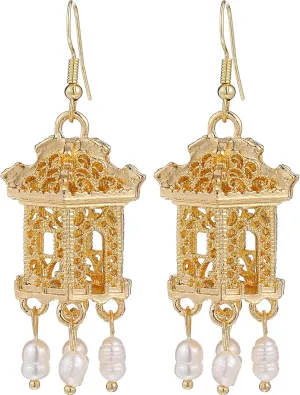 1 Pair of Handmade Wind Earrings - Chrome Stainless Steel Dangle Earrings with Pearl Stones - Gold Color - Retro Style for Women