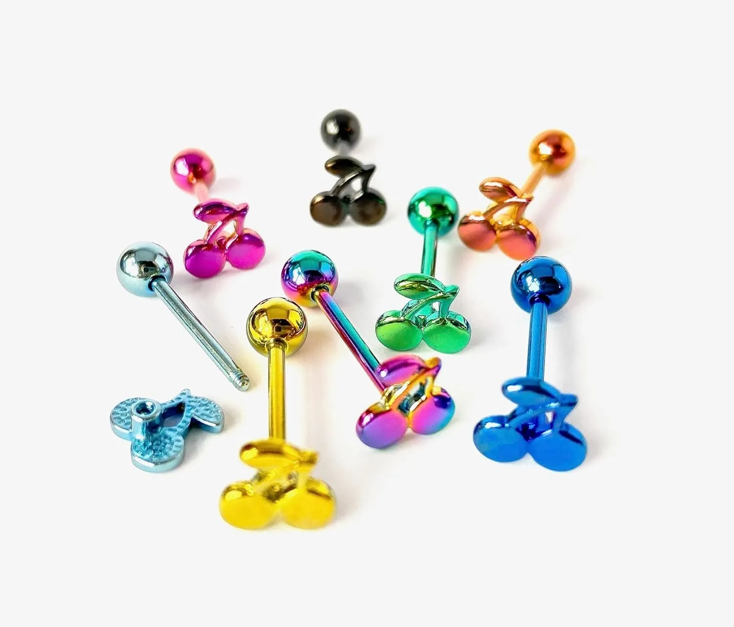 1 Piece of Unique Titanium Anodized Cherries Tongue Ring -14g - Body Jewelry