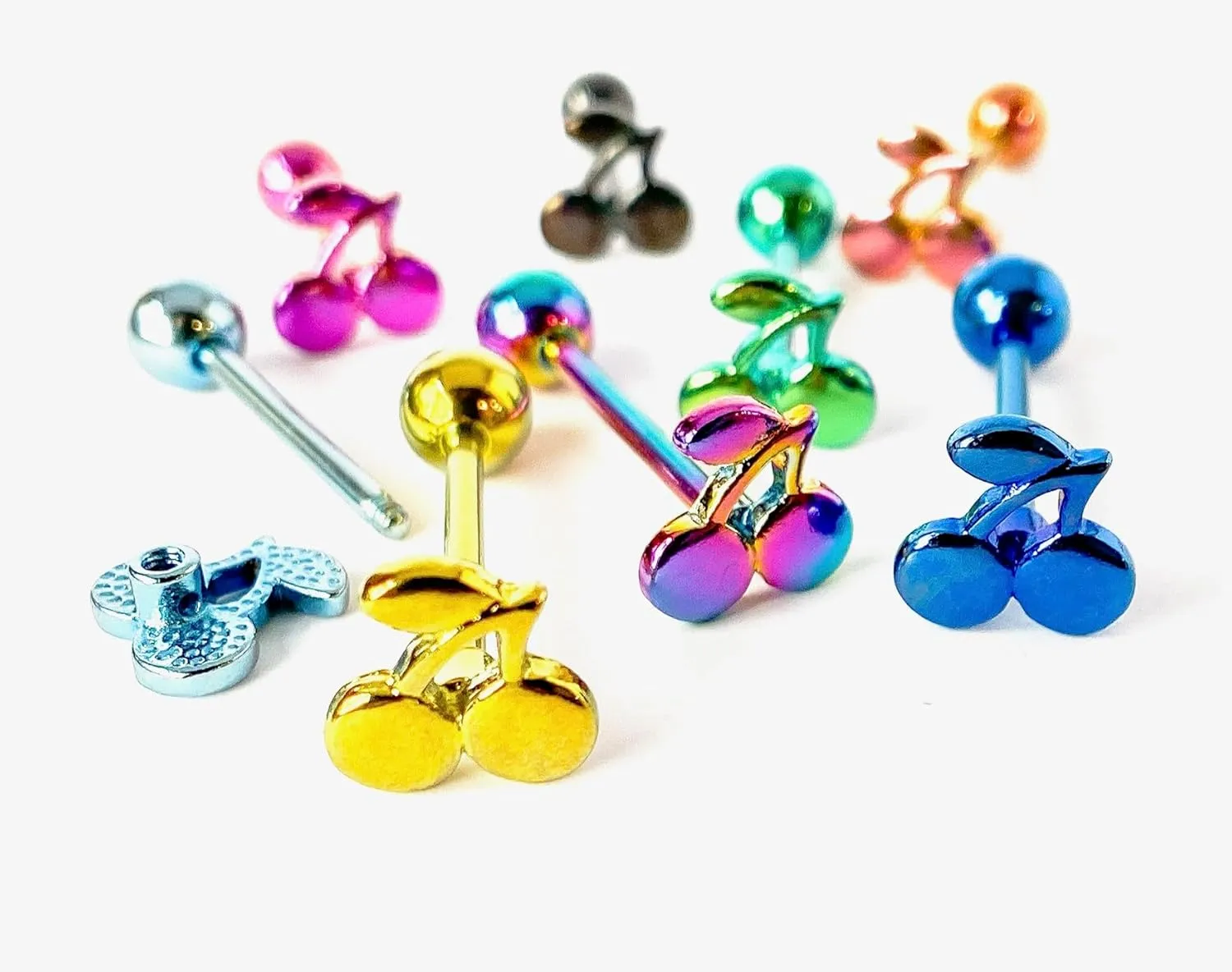 1 Piece of Unique Titanium Anodized Cherries Tongue Ring -14g - Body Jewelry