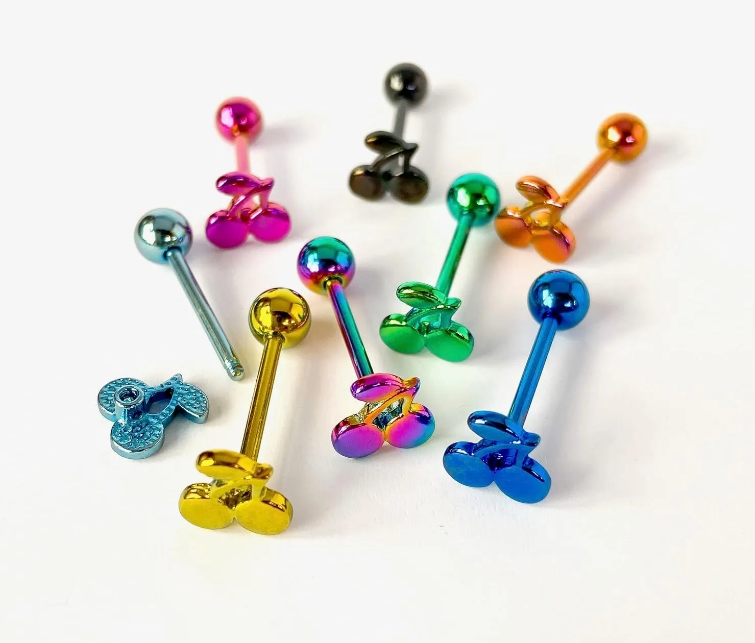 1 Piece of Unique Titanium Anodized Cherries Tongue Ring -14g - Body Jewelry