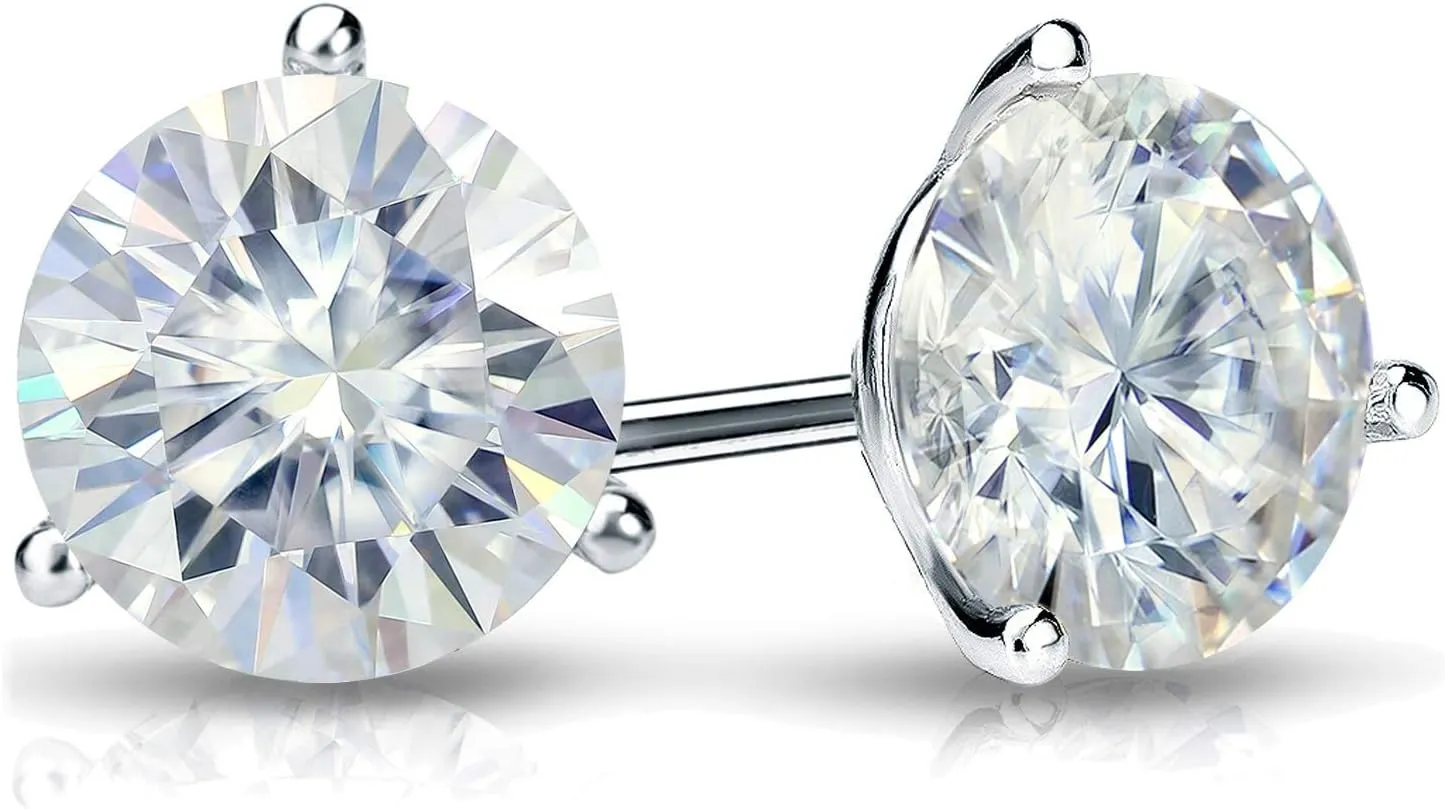 1 to 7 Carat Moissanite Round Stud Earrings for Women in 14k Gold (J-K, TGW) 3-Prong Martini Push Back by Diamond Wish