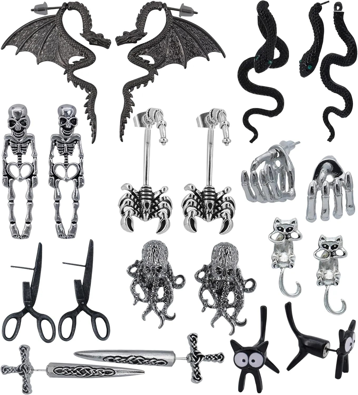 10 Pairs Gothic Stud Earrings for Women Men Punk Earrings Octopus Skeleton Snake Rose Flower Pierced Earrings Costume Jewelry Set for Party Halloween Cosplay