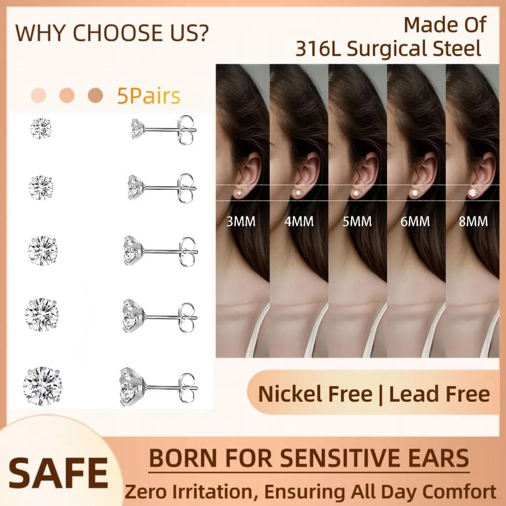 10 Pairs Small Stud Earrings for Women Diamond-Like Shine Cubic Zirconia Earrings for Sensitive Ears Hypoallergenic Surgical Stainless Steel Tiny Stack Earrings for Multiple Piercing