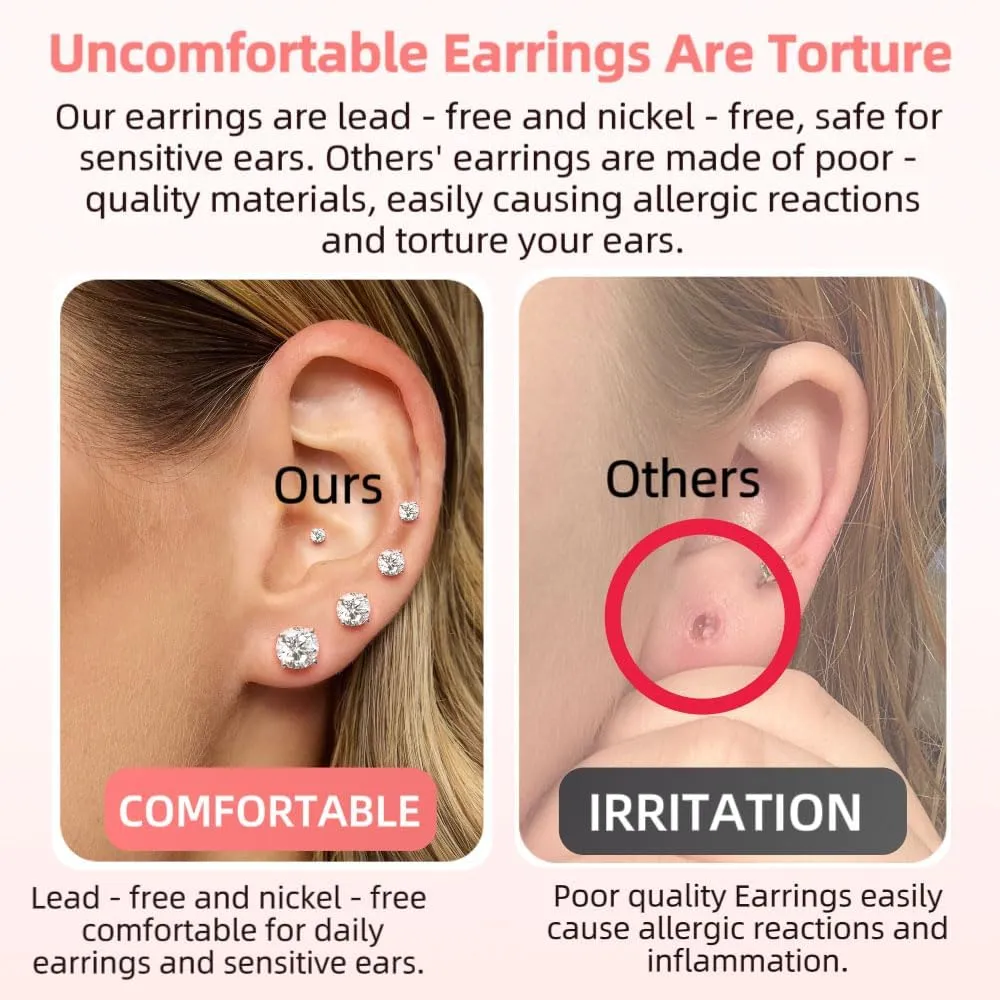 10 Pairs Small Stud Earrings for Women Diamond-Like Shine Cubic Zirconia Earrings for Sensitive Ears Hypoallergenic Surgical Stainless Steel Tiny Stack Earrings for Multiple Piercing