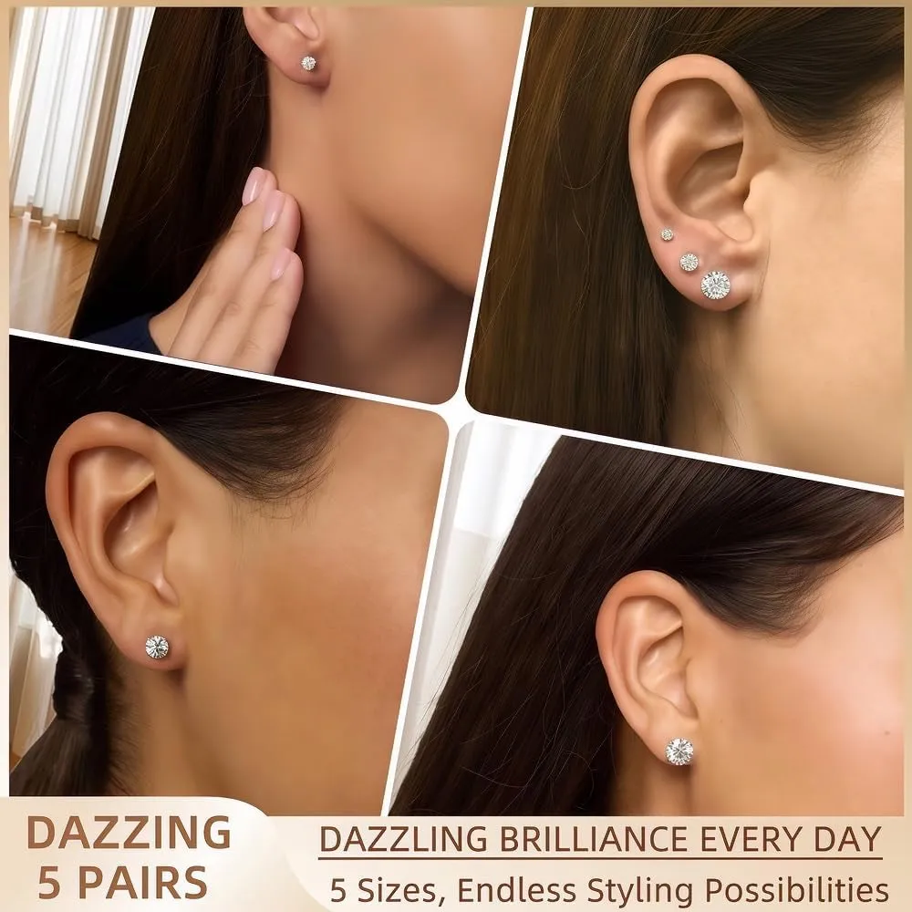 10 Pairs Small Stud Earrings for Women Diamond-Like Shine Cubic Zirconia Earrings for Sensitive Ears Hypoallergenic Surgical Stainless Steel Tiny Stack Earrings for Multiple Piercing