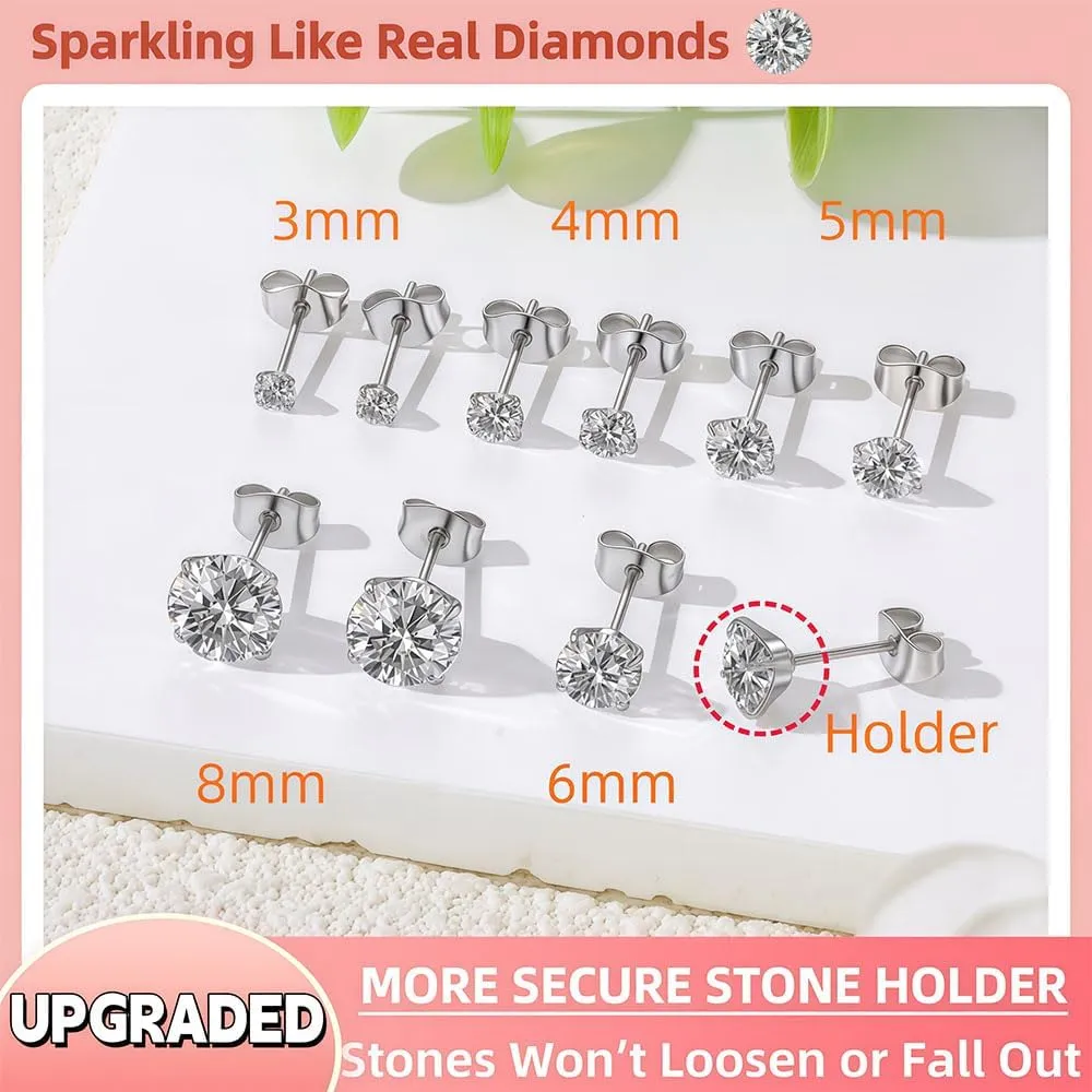 10 Pairs Small Stud Earrings for Women Diamond-Like Shine Cubic Zirconia Earrings for Sensitive Ears Hypoallergenic Surgical Stainless Steel Tiny Stack Earrings for Multiple Piercing