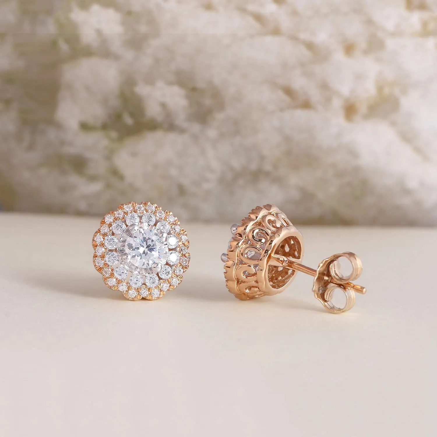 10K Gold 1ct.TDW Diamond Flower Frame Stud Earrings for Women (I-J, I2)