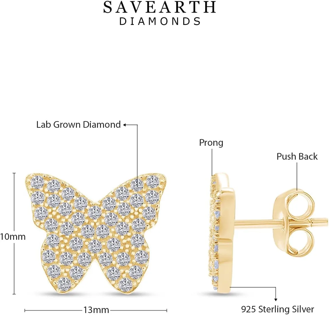 1/2 Carat Round Cut Lab Created Moissanite & Lab Grown Diamond Butterfly Stud Earrings In 925 Sterling Silver,10K & 14K Solid Gold Jewelry For Women(0.50 Cttw)