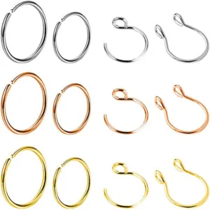 12 PCS Fake Nose Ring for Women, Silver,Gold,Rose Gold Nose Studs Stainless Steel Hoop C Shape Body Jewelry Piercing