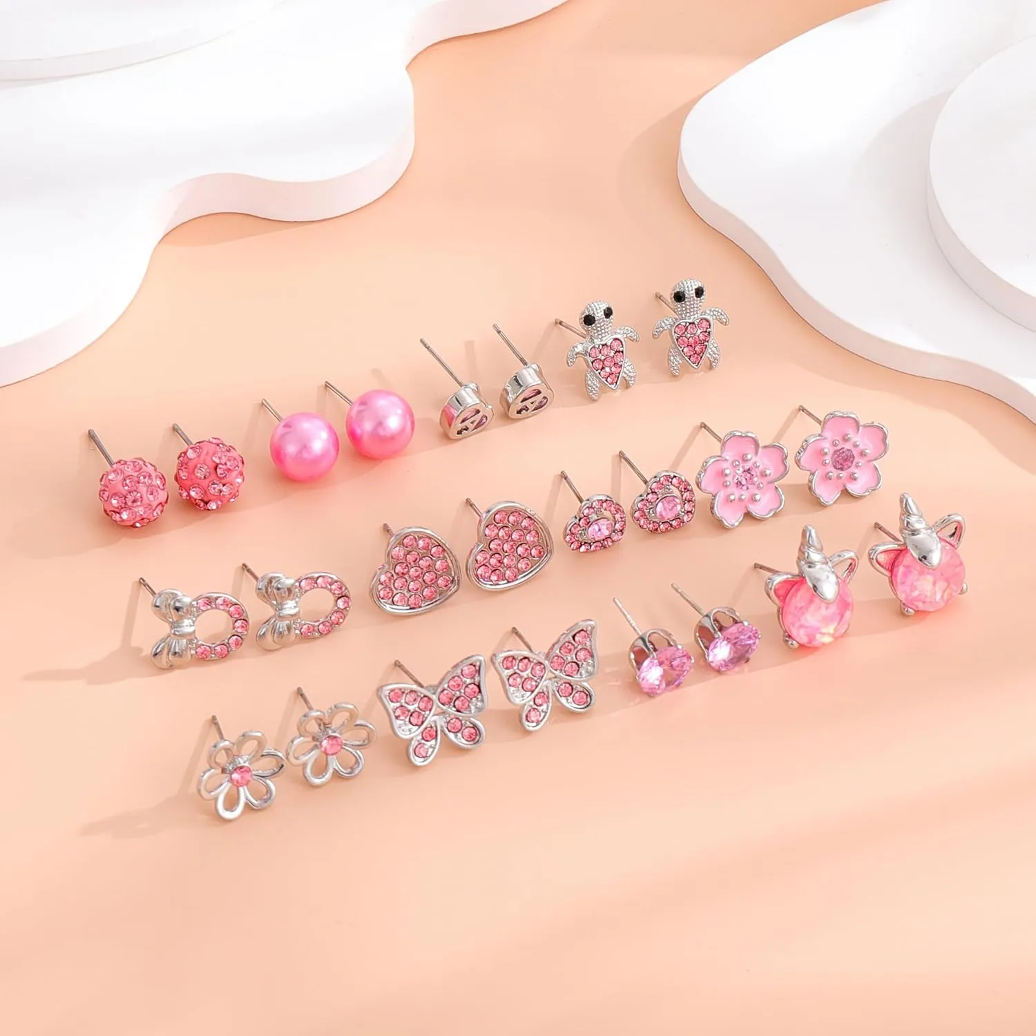 12/18 Pairs Hypoallergenic Stainless Steel Stud Earrings for Girls Women Cute Pearl Ball CZ Heart Butterfly Flower Love Knot Stud Earrings Set for Teen Girls