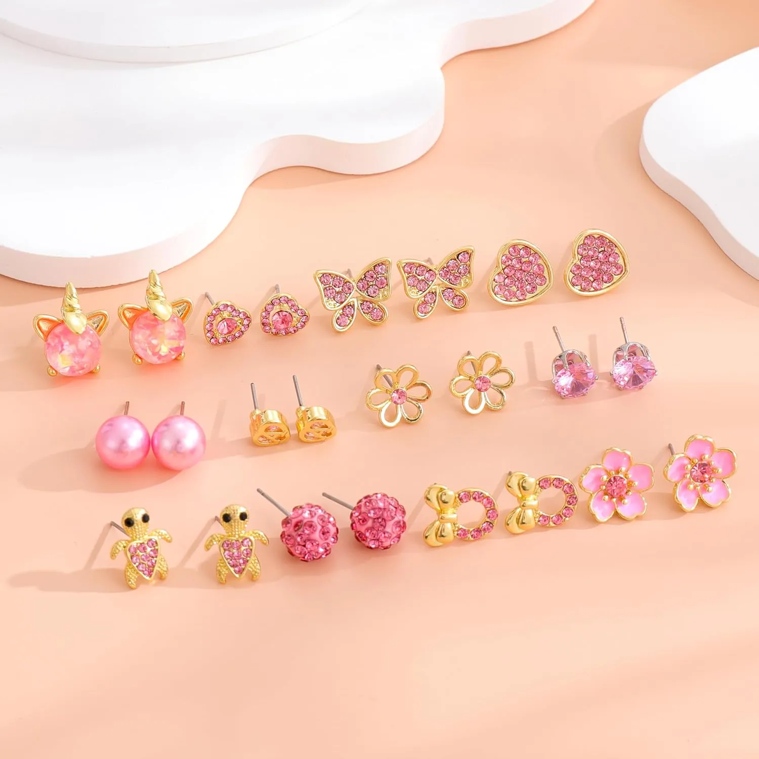 12/18 Pairs Hypoallergenic Stainless Steel Stud Earrings for Girls Women Cute Pearl Ball CZ Heart Butterfly Flower Love Knot Stud Earrings Set for Teen Girls