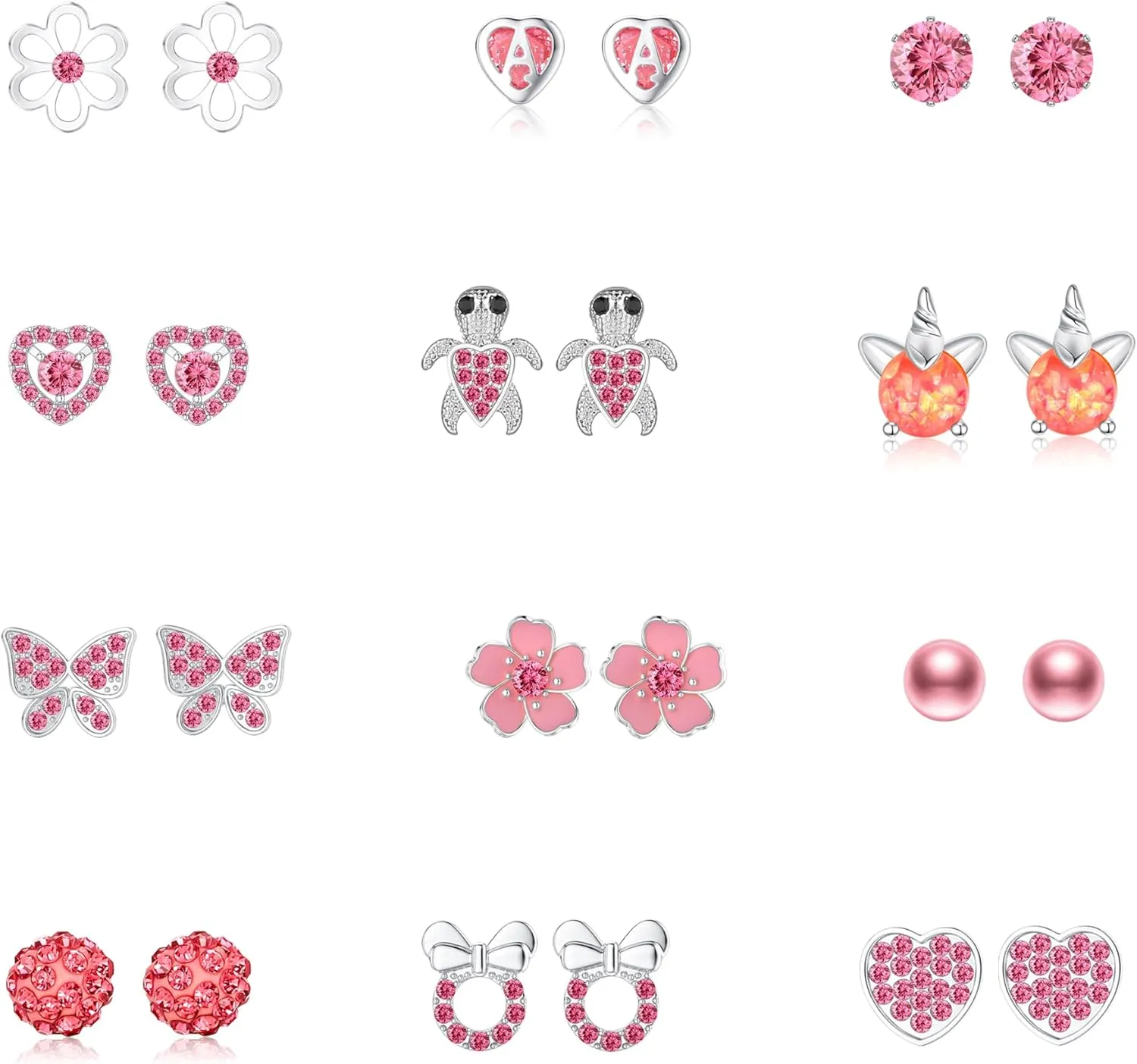 12/18 Pairs Hypoallergenic Stainless Steel Stud Earrings for Girls Women Cute Pearl Ball CZ Heart Butterfly Flower Love Knot Stud Earrings Set for Teen Girls