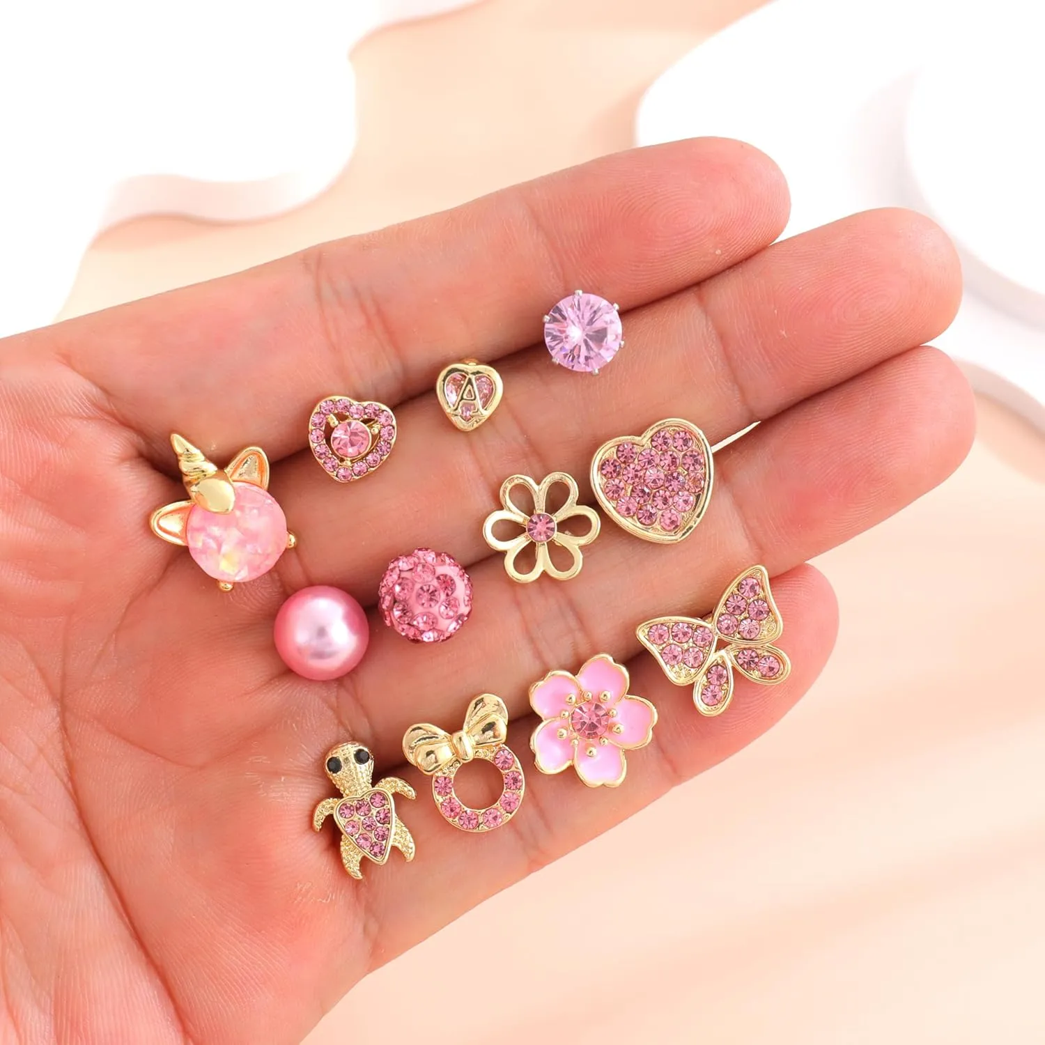 12/18 Pairs Hypoallergenic Stainless Steel Stud Earrings for Girls Women Cute Pearl Ball CZ Heart Butterfly Flower Love Knot Stud Earrings Set for Teen Girls