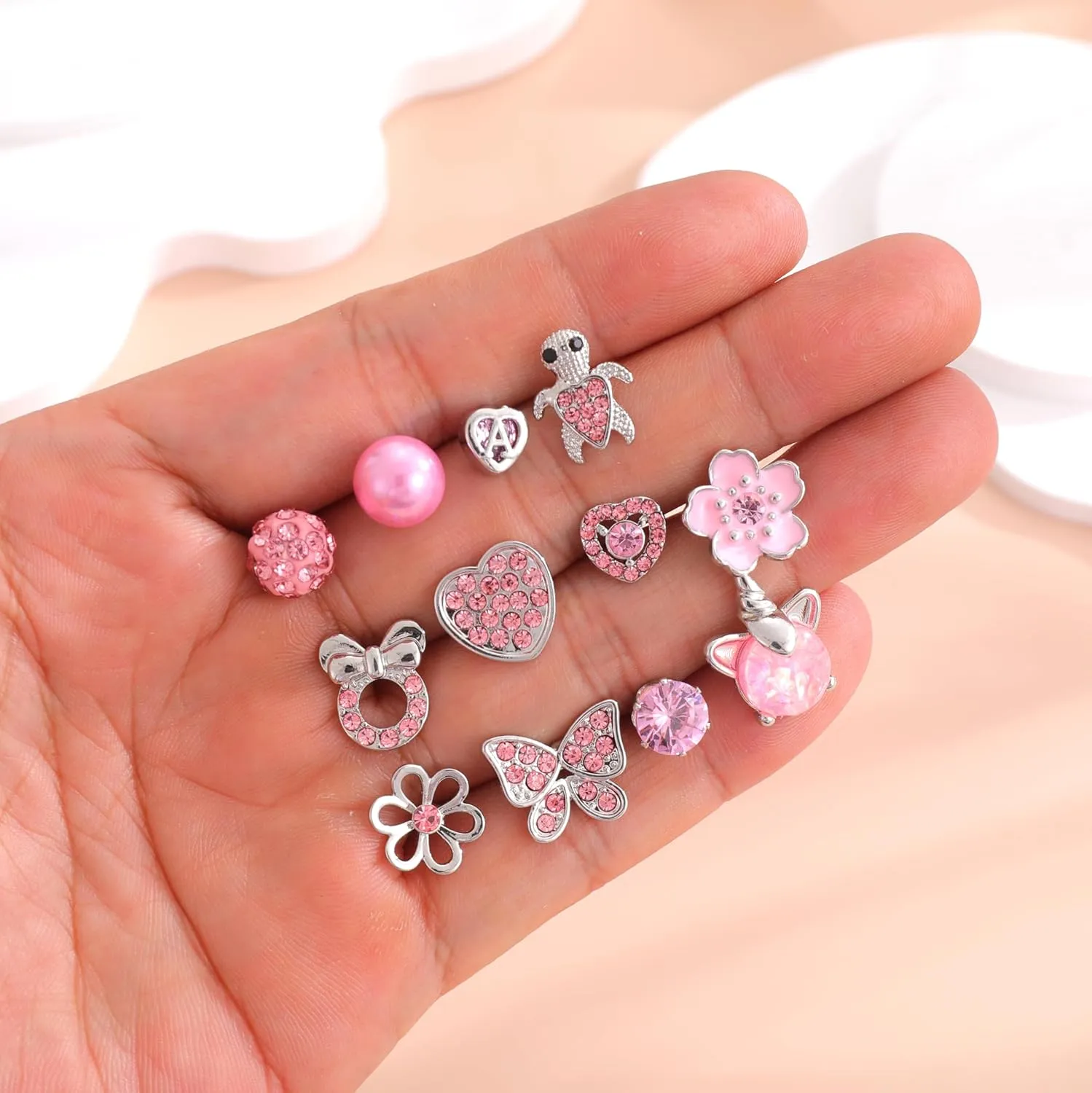 12/18 Pairs Hypoallergenic Stainless Steel Stud Earrings for Girls Women Cute Pearl Ball CZ Heart Butterfly Flower Love Knot Stud Earrings Set for Teen Girls
