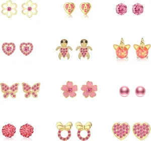 12/18 Pairs Hypoallergenic Stainless Steel Stud Earrings for Girls Women Cute Pearl Ball CZ Heart Butterfly Flower Love Knot Stud Earrings Set for Teen Girls