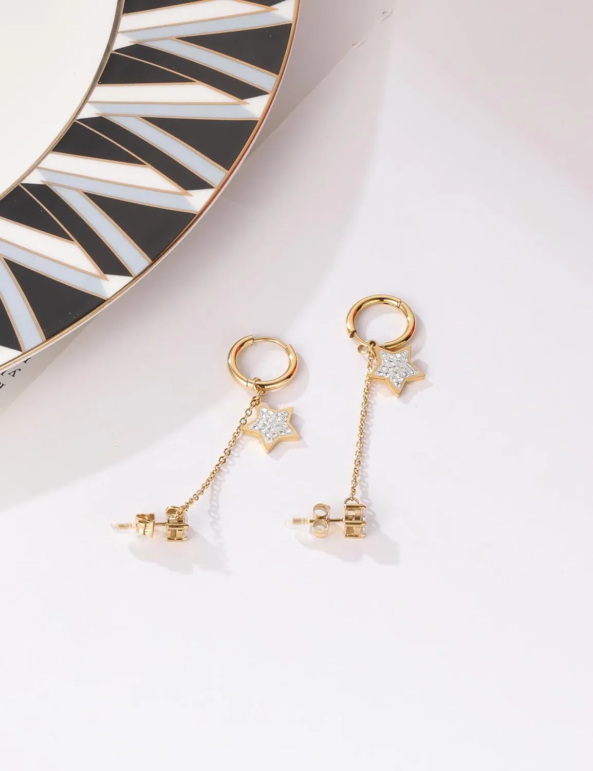 14K Gold Chain Earrings for Women - Double Piercing Dangle Chain, Detachable Huggie Hoop Earrings with Cubic Zirconia Studs & Anchor Dangle Design, 316L Surgical Steel Hypoallergenic Earrings.