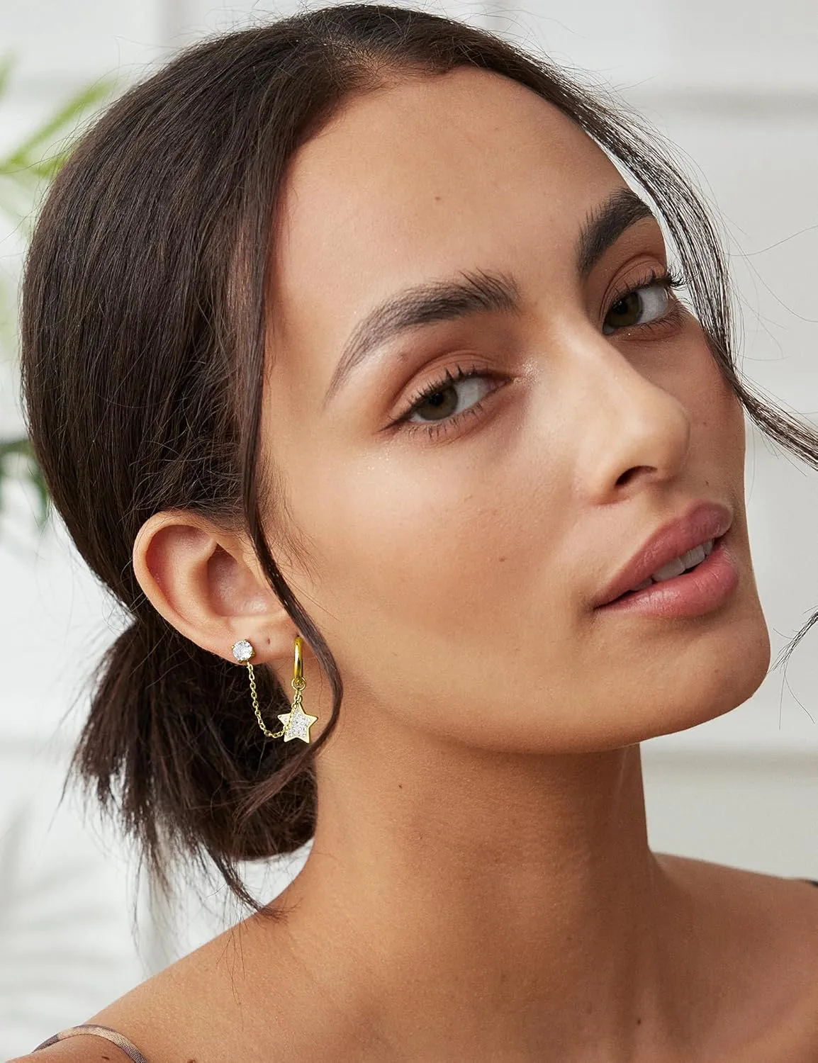 14K Gold Chain Earrings for Women - Double Piercing Dangle Chain, Detachable Huggie Hoop Earrings with Cubic Zirconia Studs & Anchor Dangle Design, 316L Surgical Steel Hypoallergenic Earrings.