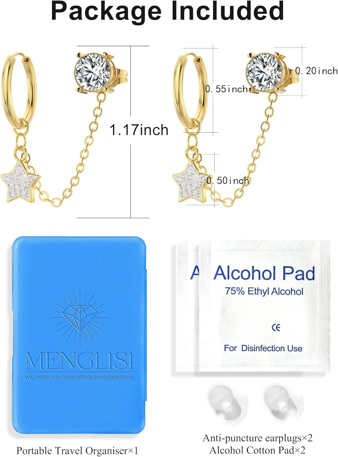 14K Gold Chain Earrings for Women - Double Piercing Dangle Chain, Detachable Huggie Hoop Earrings with Cubic Zirconia Studs & Anchor Dangle Design, 316L Surgical Steel Hypoallergenic Earrings.