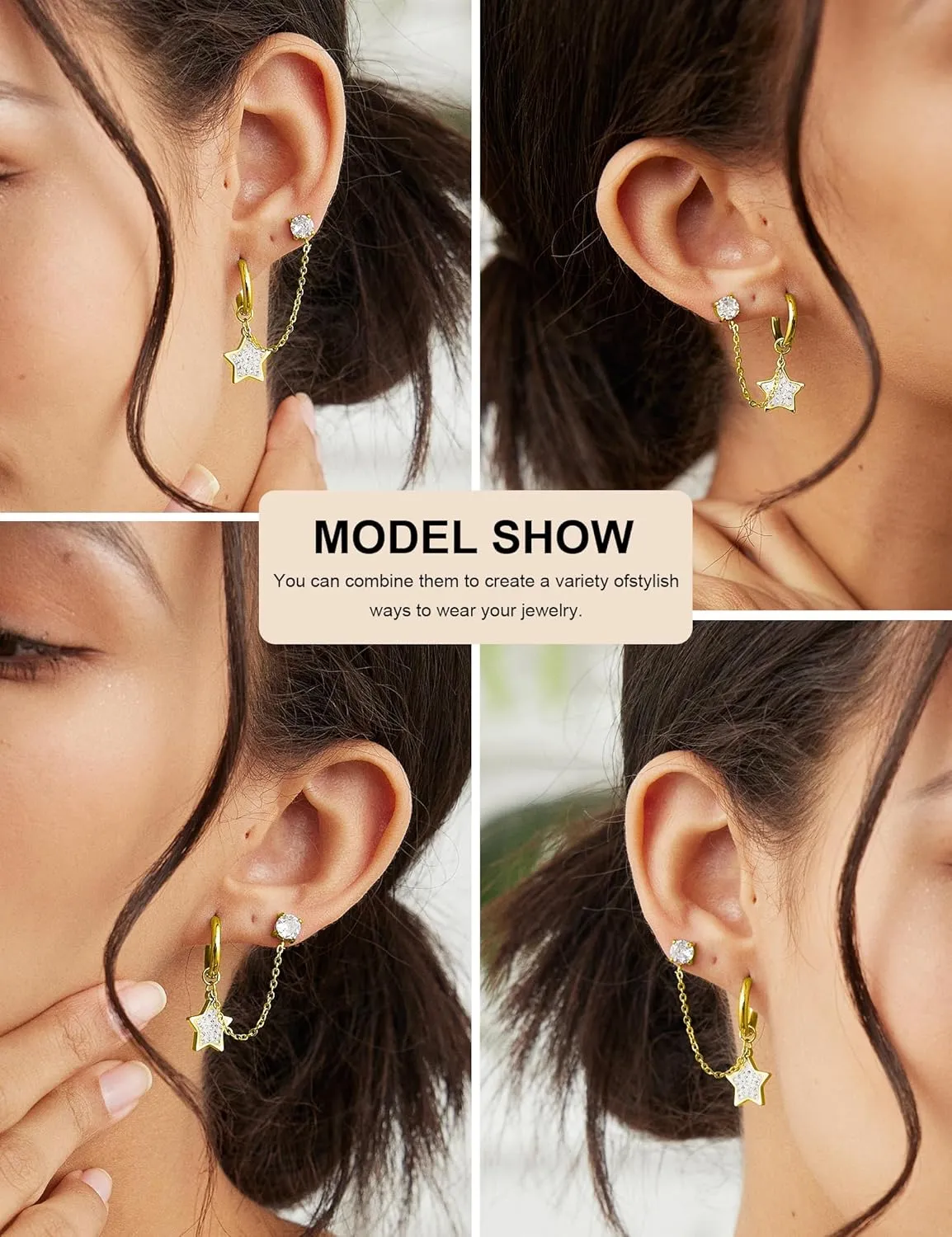 14K Gold Chain Earrings for Women - Double Piercing Dangle Chain, Detachable Huggie Hoop Earrings with Cubic Zirconia Studs & Anchor Dangle Design, 316L Surgical Steel Hypoallergenic Earrings.
