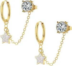 14K Gold Chain Earrings for Women - Double Piercing Dangle Chain, Detachable Huggie Hoop Earrings with Cubic Zirconia Studs & Anchor Dangle Design, 316L Surgical Steel Hypoallergenic Earrings.