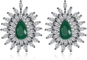 14K Gold Teardrop Shaped Emerald Studs For Women, Moissanite Halo Stud Earrings, Vintage Jewelry for Evening Party