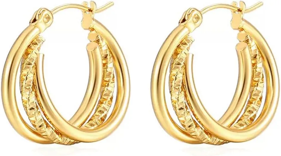 14K Gold Triple Hoop Earrings, Chunky Statement Design,Simple Hypoallergenic Thin Gold Hoops Earrings Dainty Jewelry Gifts for Women,Two Tone Gold Silver Hoop Earrings for Women