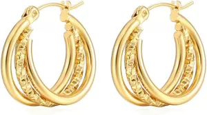14K Gold Triple Hoop Earrings, Chunky Statement Design,Simple Hypoallergenic Thin Gold Hoops Earrings Dainty Jewelry Gifts for Women,Two Tone Gold Silver Hoop Earrings for Women