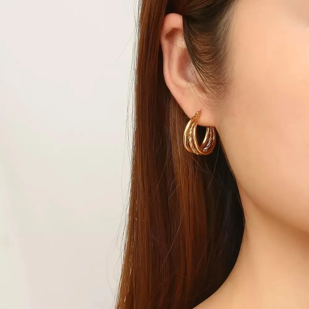 14K Gold Triple Hoop Earrings, Chunky Statement Design,Simple Hypoallergenic Thin Gold Hoops Earrings Dainty Jewelry Gifts for Women,Two Tone Gold Silver Hoop Earrings for Women