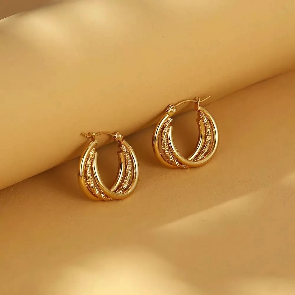 14K Gold Triple Hoop Earrings, Chunky Statement Design,Simple Hypoallergenic Thin Gold Hoops Earrings Dainty Jewelry Gifts for Women,Two Tone Gold Silver Hoop Earrings for Women