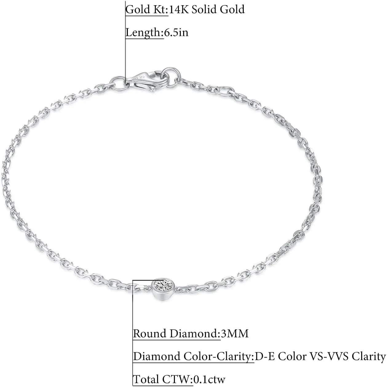 14k Solid Gold 5 Diamond Solitaire Station Bracelet for women(White),0.32ct,DEF VS~VVS, Bezel,No fading, No allergies,Lab grown Diamond,Lobster buckle