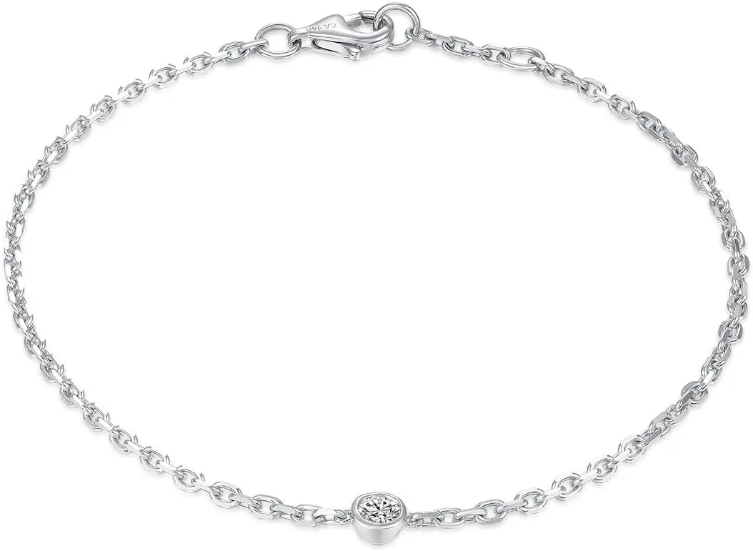 14k Solid Gold 5 Diamond Solitaire Station Bracelet for women(White),0.32ct,DEF VS~VVS, Bezel,No fading, No allergies,Lab grown Diamond,Lobster buckle