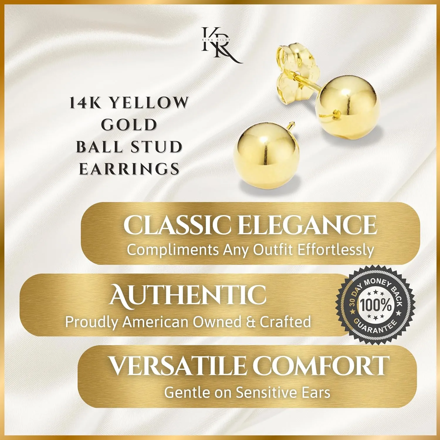 14k Solid Gold Ball Studs Earrings for Women and Men - Small Real and Pure Round, Butterfly Pushback, Hypoallergenic, Jewelry Gifts for Mom - Available in 3 Sizes