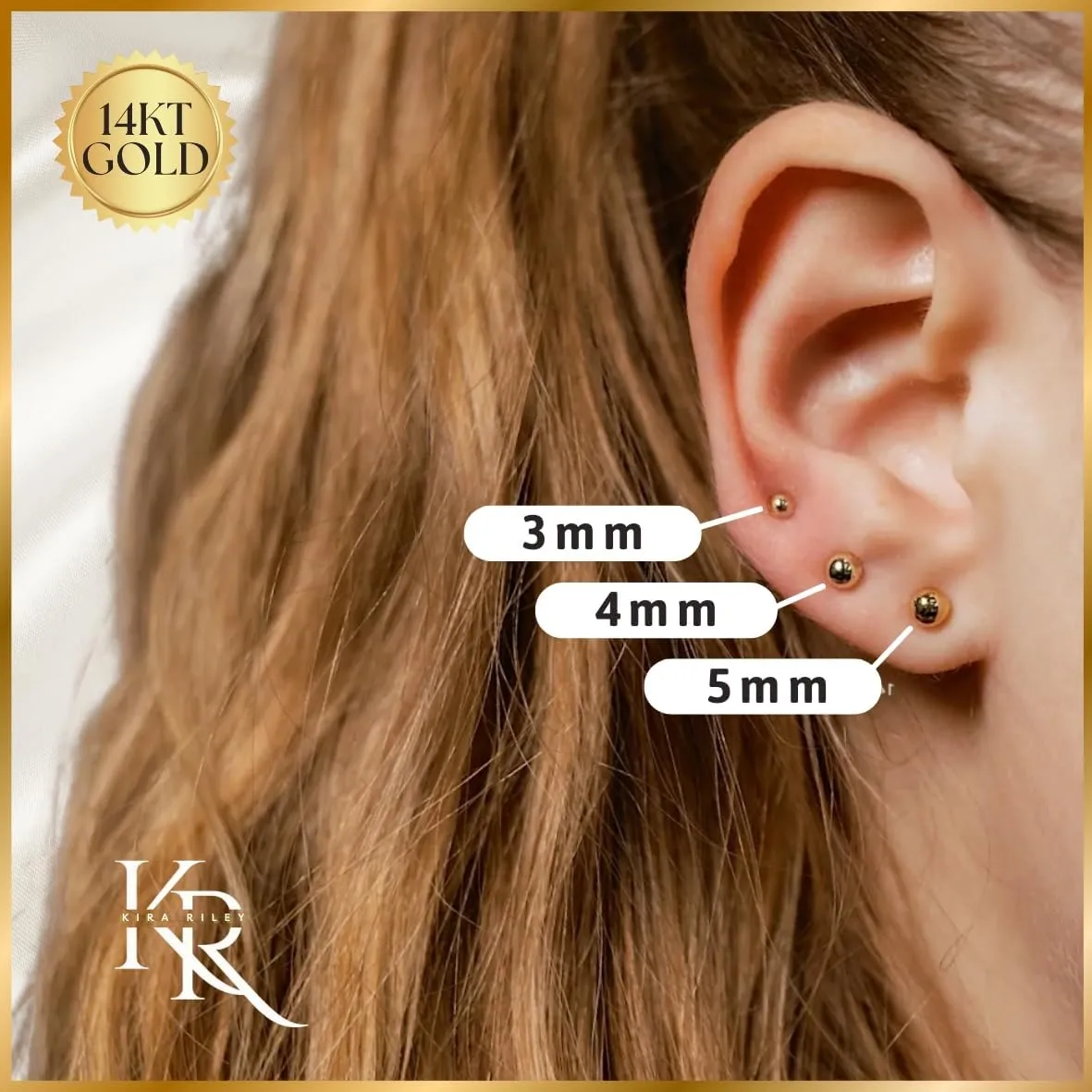 14k Solid Gold Ball Studs Earrings for Women and Men - Small Real and Pure Round, Butterfly Pushback, Hypoallergenic, Jewelry Gifts for Mom - Available in 3 Sizes