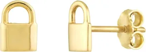 14K Solid Gold Stud Earrings - Dainty Yellow Real Gold Padlock Earrings - Minimalist Small Gold Studs For Women