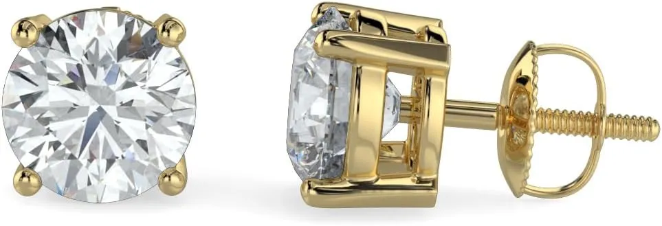 14K White & Yellow Gold Lab Grown Round Cut Diamond Stud Earrings for Men Women, (1/2cttw - 4cttw), 4-Prong Screw Back, VS Clarity EF Color, Gift for Weddings, Anniversaries, Valentine's Day
