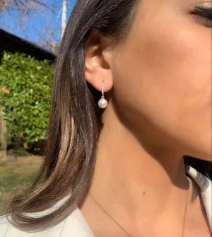 14K White Gold & Yellow Gold Diamond-Accented 8mm-8.5mm AAA White Freshwater Cultured Pearl Lever-Back Bridal Dangle Drop Earrings (.085ctw, G-H Color, SI2-I1 Clarity)
