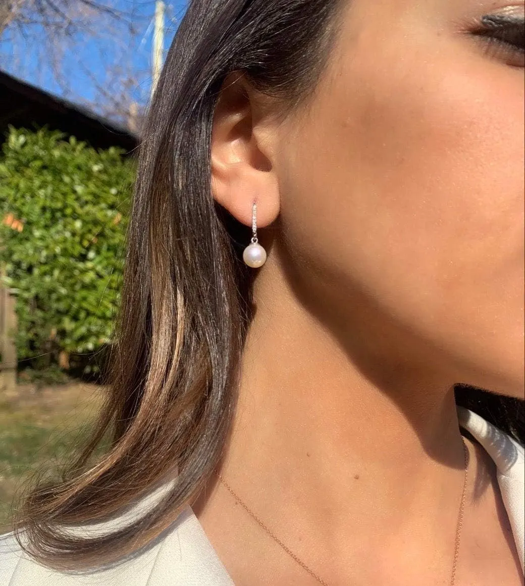 14K White Gold & Yellow Gold Diamond-Accented 8mm-8.5mm AAA White Freshwater Cultured Pearl Lever-Back Bridal Dangle Drop Earrings (.085ctw, G-H Color, SI2-I1 Clarity)