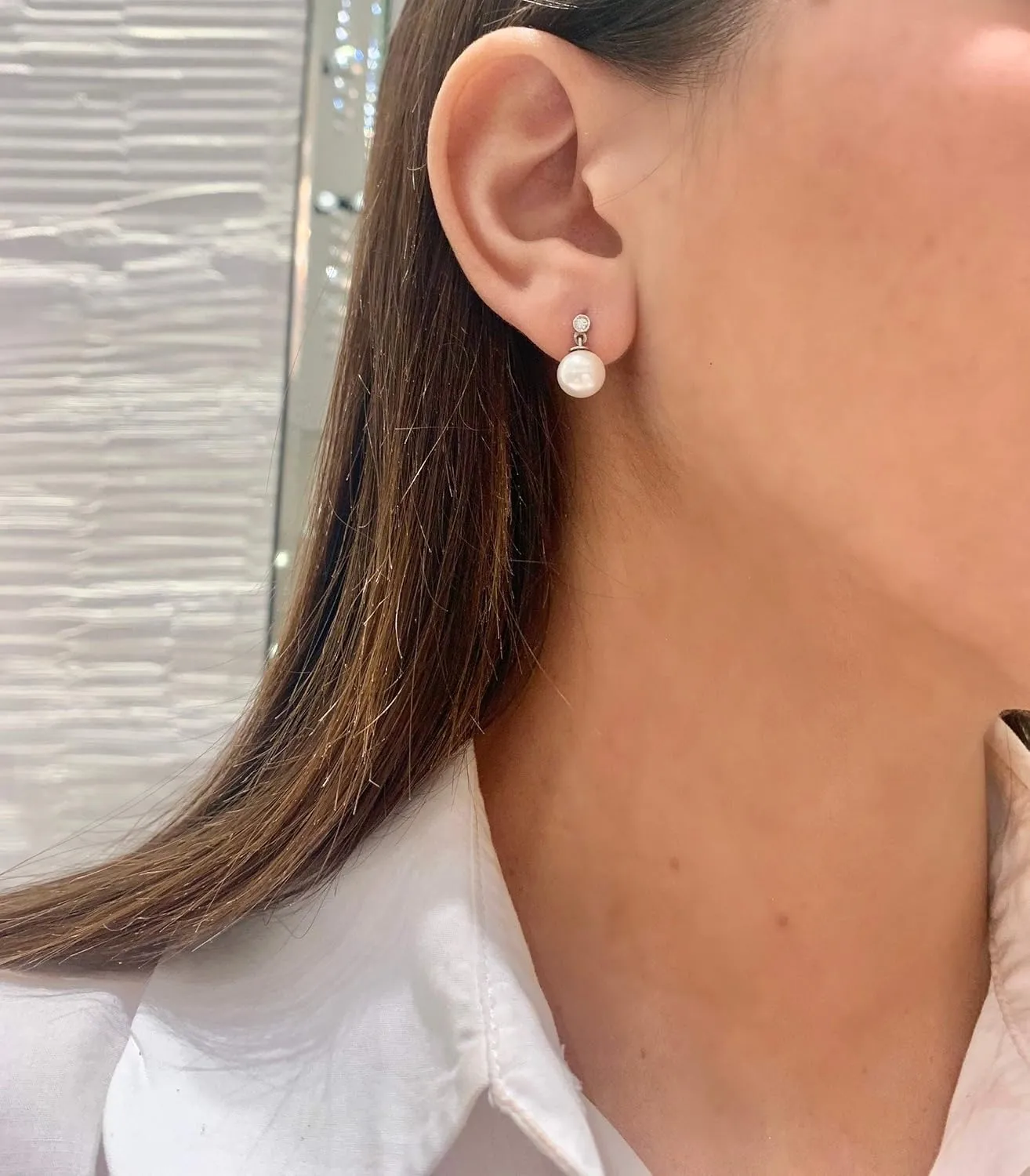14K White Gold Diamond-Accented 8mm-8.5mm AAA White Freshwater Cultured Pearl Drop Petite Bridal & Bridesmaid Earrings (.06ctw, G-H Color, SI2-I1 Clarity)