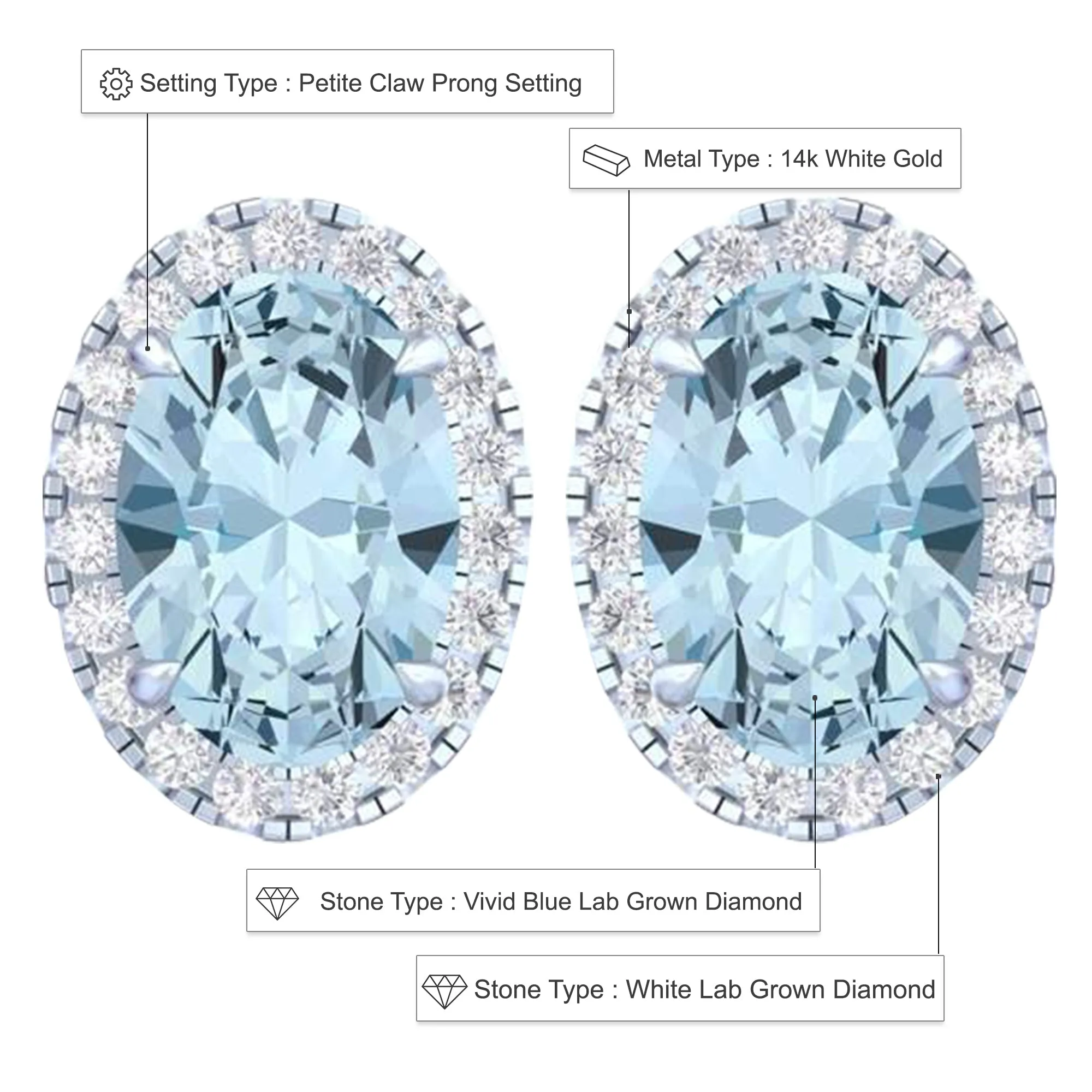 14k White Gold Vivid Blue Oval Cut 4.60 Ct Lab-Grown Diamond Halo Stud Earrings