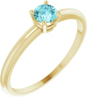 14k Yellow Gold 3mm Round Shape Imitation Blue Zircon BirthStone Fashion Ring Fine Jewelry For Women Gifts For Her, Size 3
