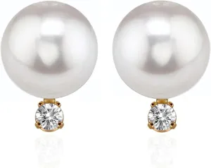 14K Yellow Gold AAA Quality Genuine Akoya Saltwater Cultured Pearl and Diamond Stud Earrings for Women