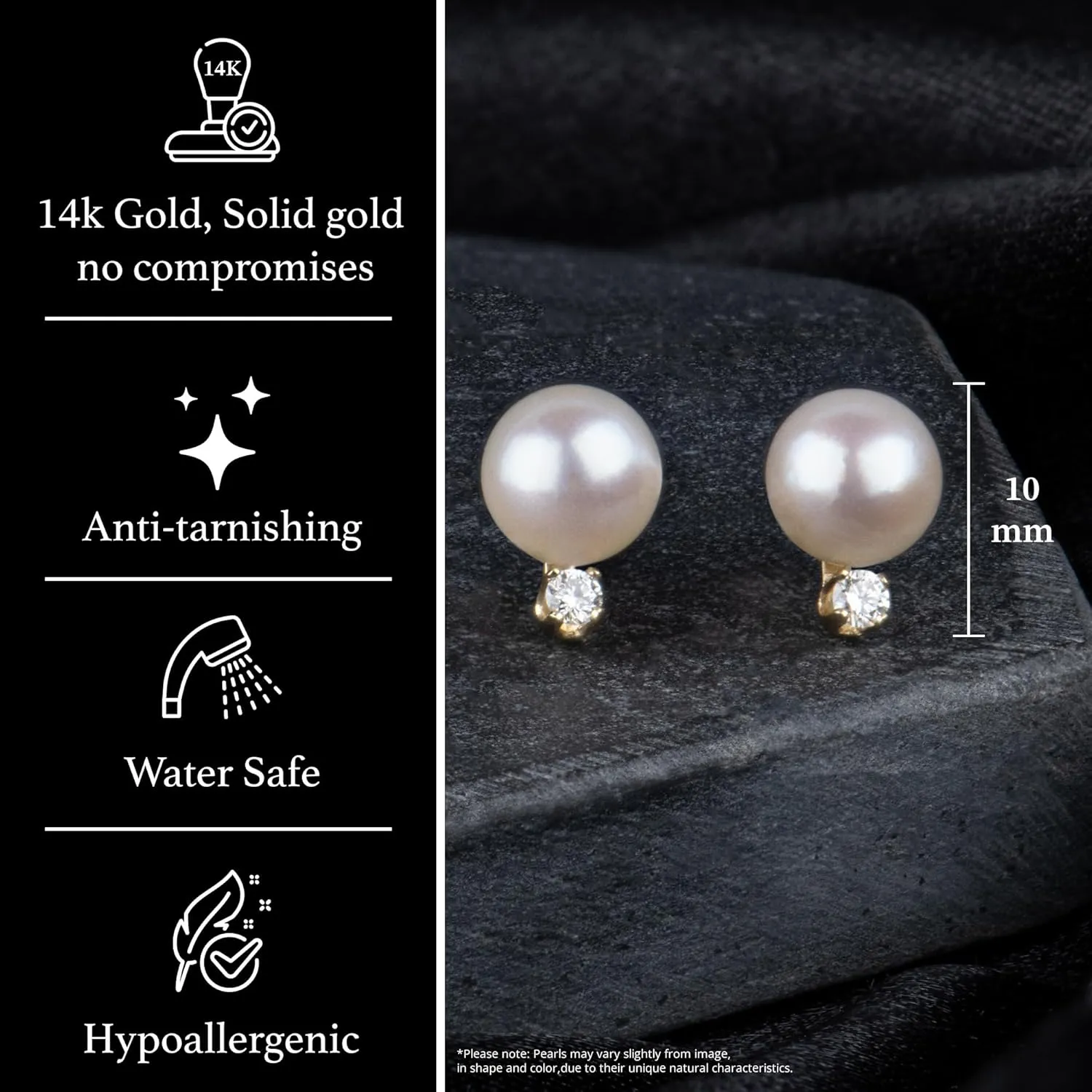 14K Yellow Gold AAA Quality Genuine Akoya Saltwater Cultured Pearl and Diamond Stud Earrings for Women