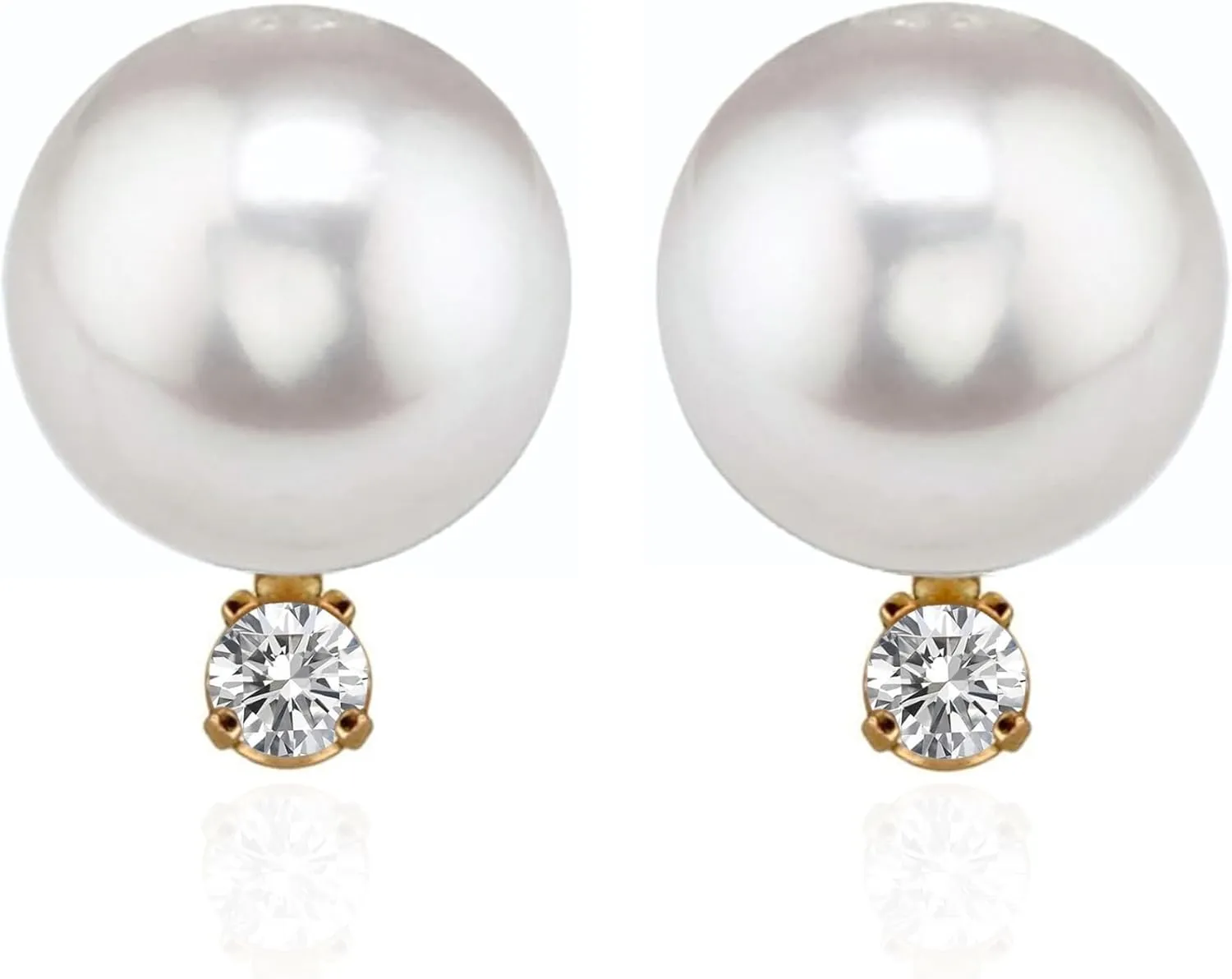 14K Yellow Gold AAA Quality Genuine Akoya Saltwater Cultured Pearl and Diamond Stud Earrings for Women