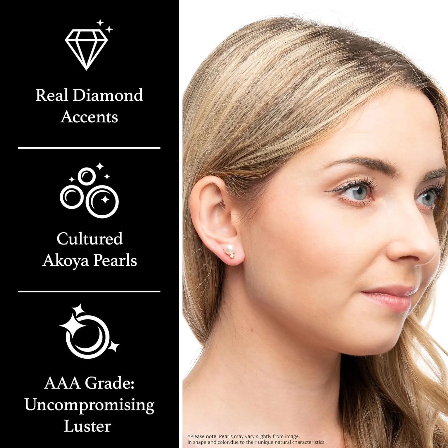 14K Yellow Gold AAA Quality Genuine Akoya Saltwater Cultured Pearl and Diamond Stud Earrings for Women
