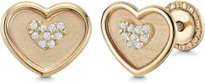 14k Yellow Gold Heart-in-Heart Earrings Stud with Simulated Diamonds in Center Covered Screwback Closure for Girls and Women
